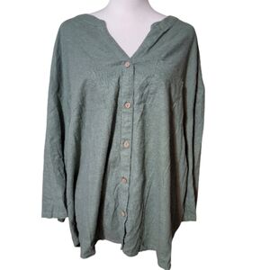 Cupio Womens 3X Sage Green Button Up Top Beachy Linen Plus Breathable Vacation